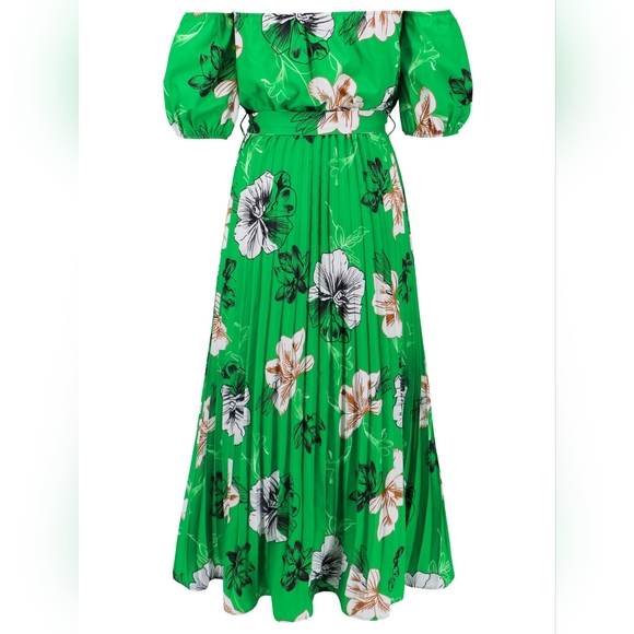 Pleated Floral Off-Shoulder Short Sleeve Midi Dress - Picture 4 of 7